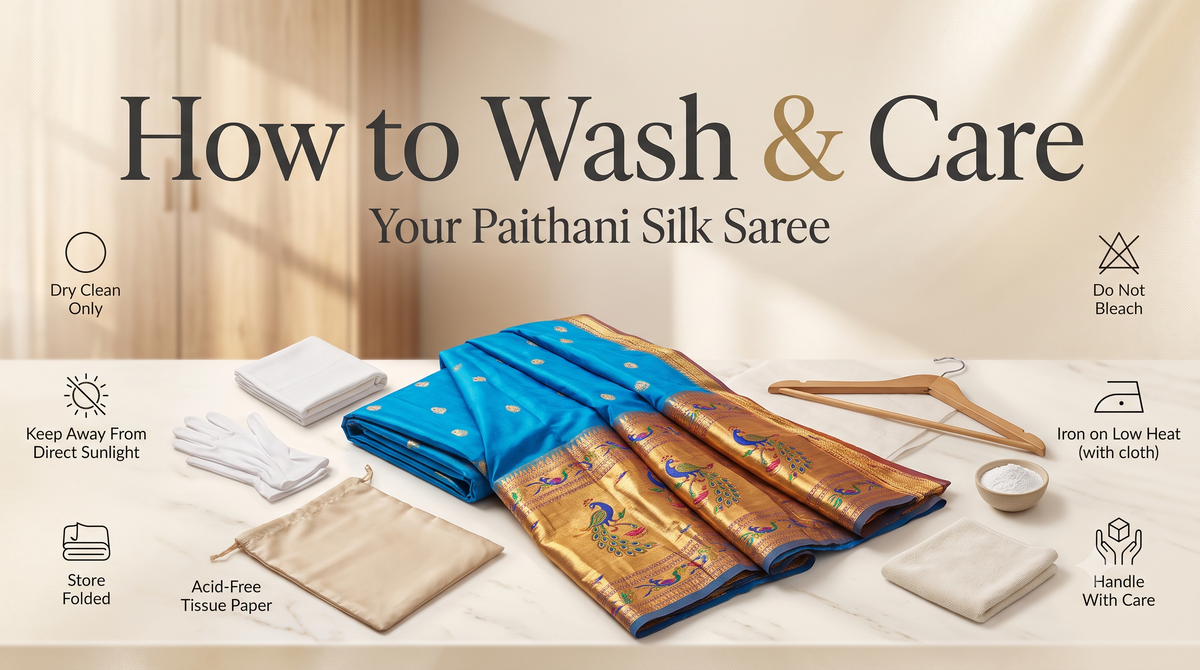 How to wash and care for a Paithani silk saree — dry clean, store folded, keep away from direct sunlight