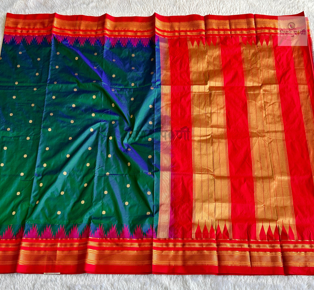 Traditional Pure Silk Irkal Butta Sarees- Temple Border - Sea Green