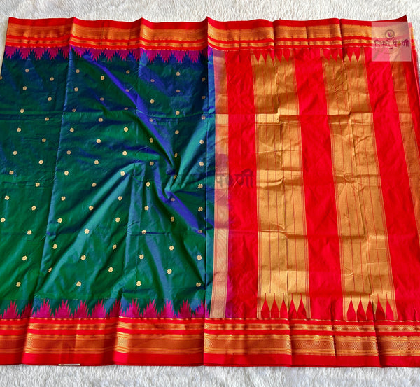 Traditional Pure Silk Irkal Butta Sarees- Temple Border - Sea Green