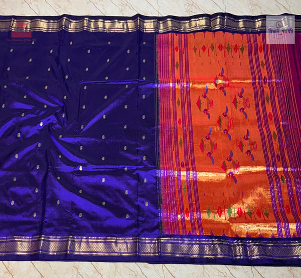 Handloom Pure Silk Double Pallu Paithani Saree - Black By Purple