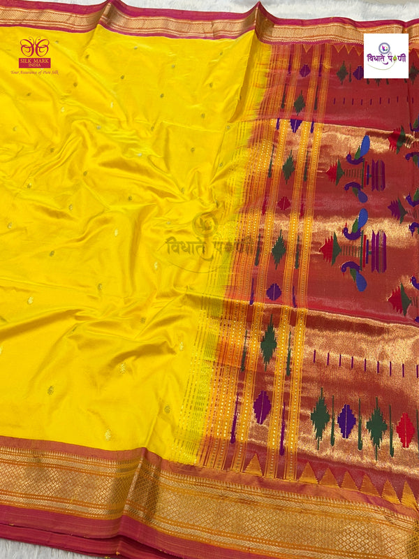 Handloom Pure Silk Double Pallu Paithani Saree - Lemon Yellow