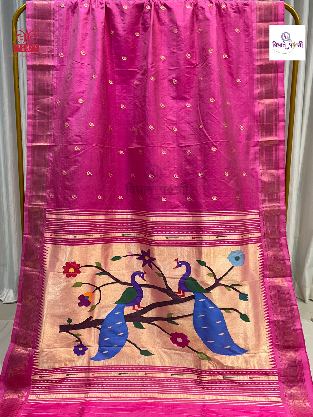 Handloom Pure Silk Chandrakor Butta Paithani Saree - Pastel Pink