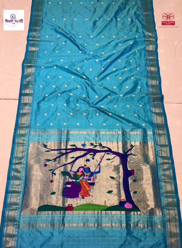Handloom Pure Silk Chandrakor Butta Paithani Saree - Blue