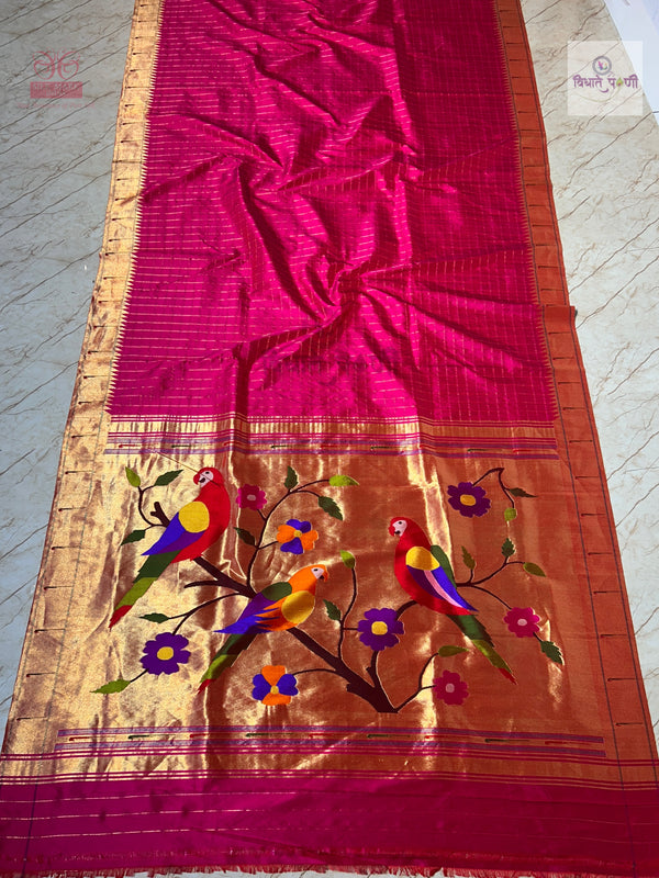 Handloom Pure Silk Single Munia Paithani Saree - Chex — full saree draped and laid flat — Vidhate Paithani, Yeola