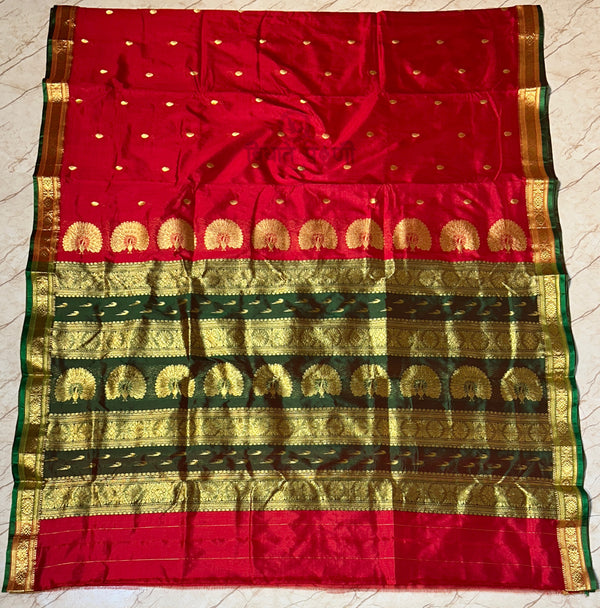 Jijamata Single Ply Pure Silk Saree - Red