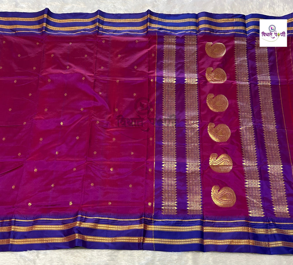 Two tone magenta and purple Narayanpeth single ply pure silk saree with zari buttis and a mango motif pallu