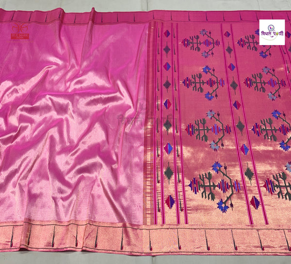 Handloom Pure Silk Single Munia Paithani Saree - Stripes - Pastel Pink