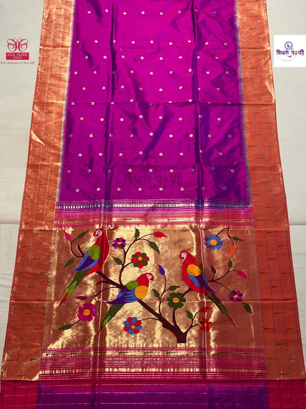 Handloom Pure Silk Triple Munia Border Paithani Saree - Magenta 2