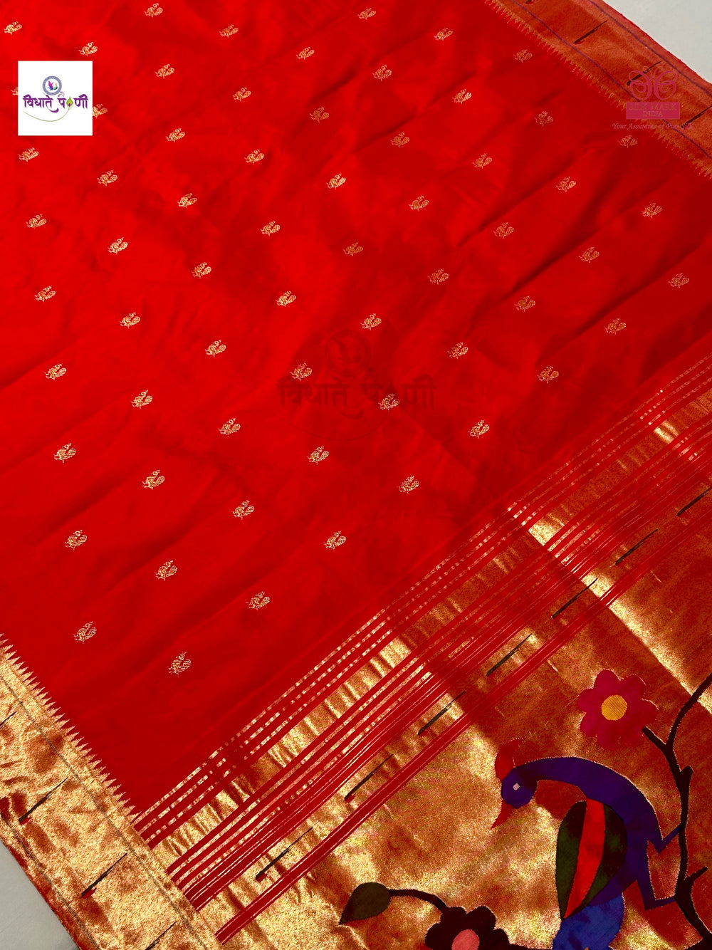 Red Handloom Pure Silk Single Munia Paithani Saree — pallu with zari brocade detail — Vidhate Paithani, Yeola