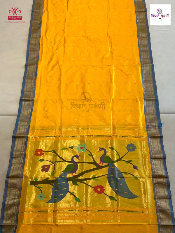 Handloom Pure Silk Chandrakor Butta Paithani Saree - Lemon Yellow