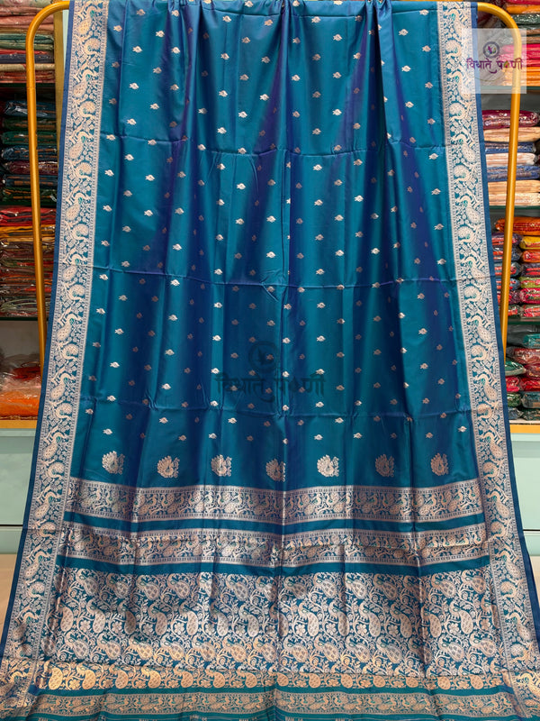 Peshwai Soft Silk Saree- Peacock Blue — full saree draped and laid flat — Vidhate Paithani