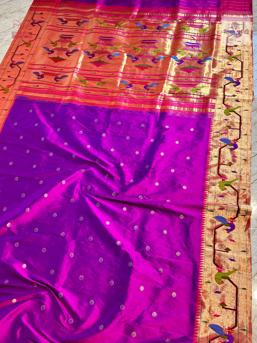 Handloom Pure Silk Paithani Saree - Brocade Border - Magenta — border close-up — Vidhate Paithani, Yeola