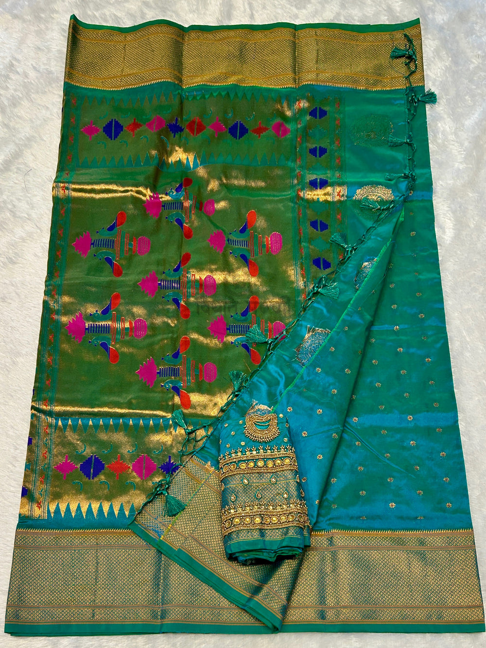 Kalanjali Semi Paithani Saree - Designer Work Blouse - Sea Green