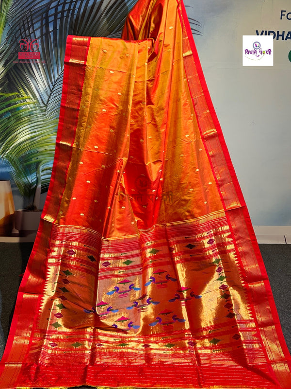 Handloom Pure Silk Double Pallu Paithani Saree - Orange