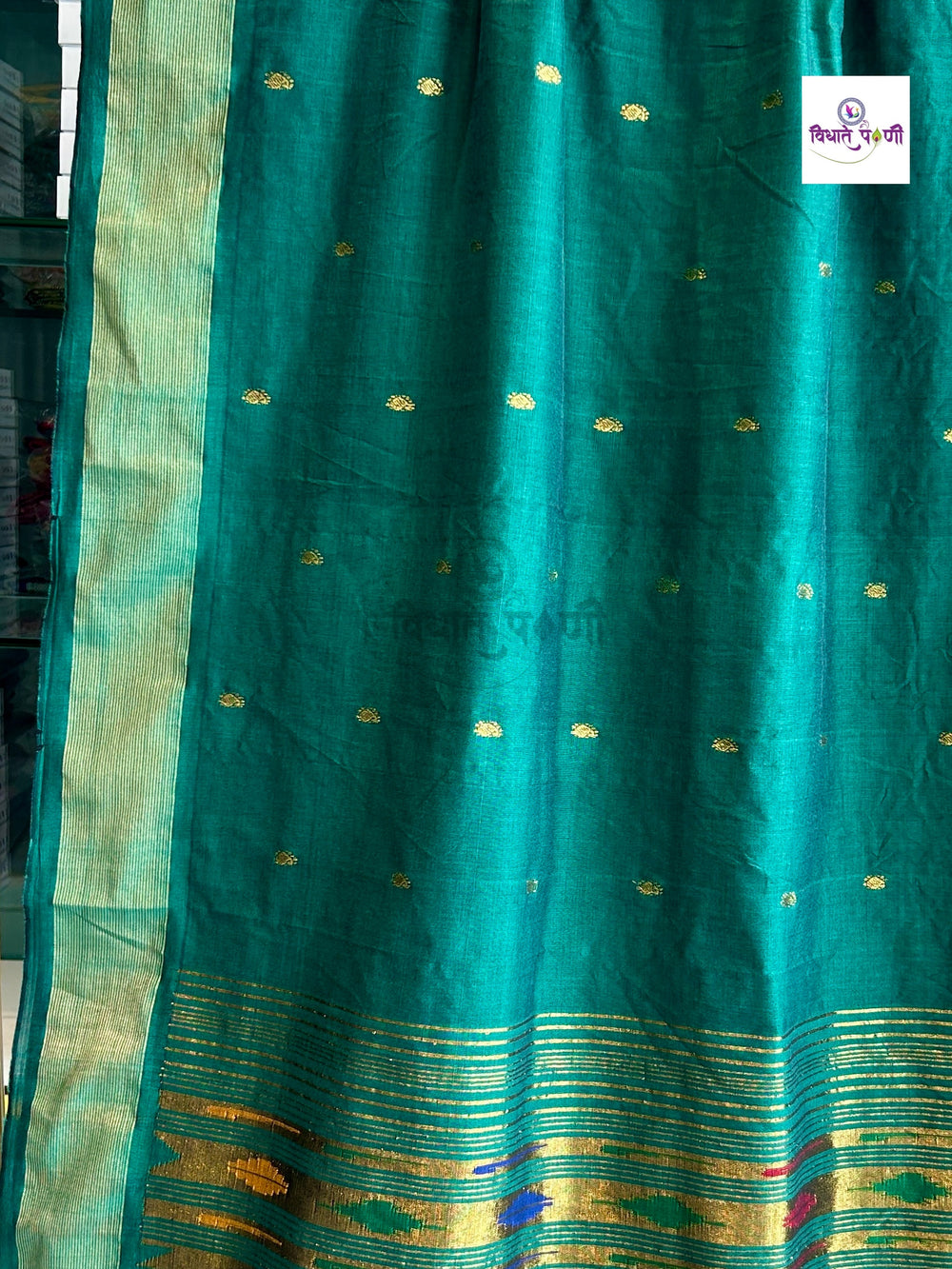Handloom Pure Cotton Paithani Saree - Double Pallu - Emerald Green