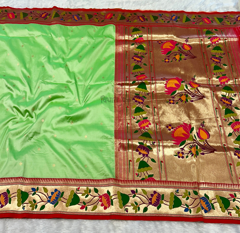Lotus Border Soft Silk Paithani Sarees - Pastel Green