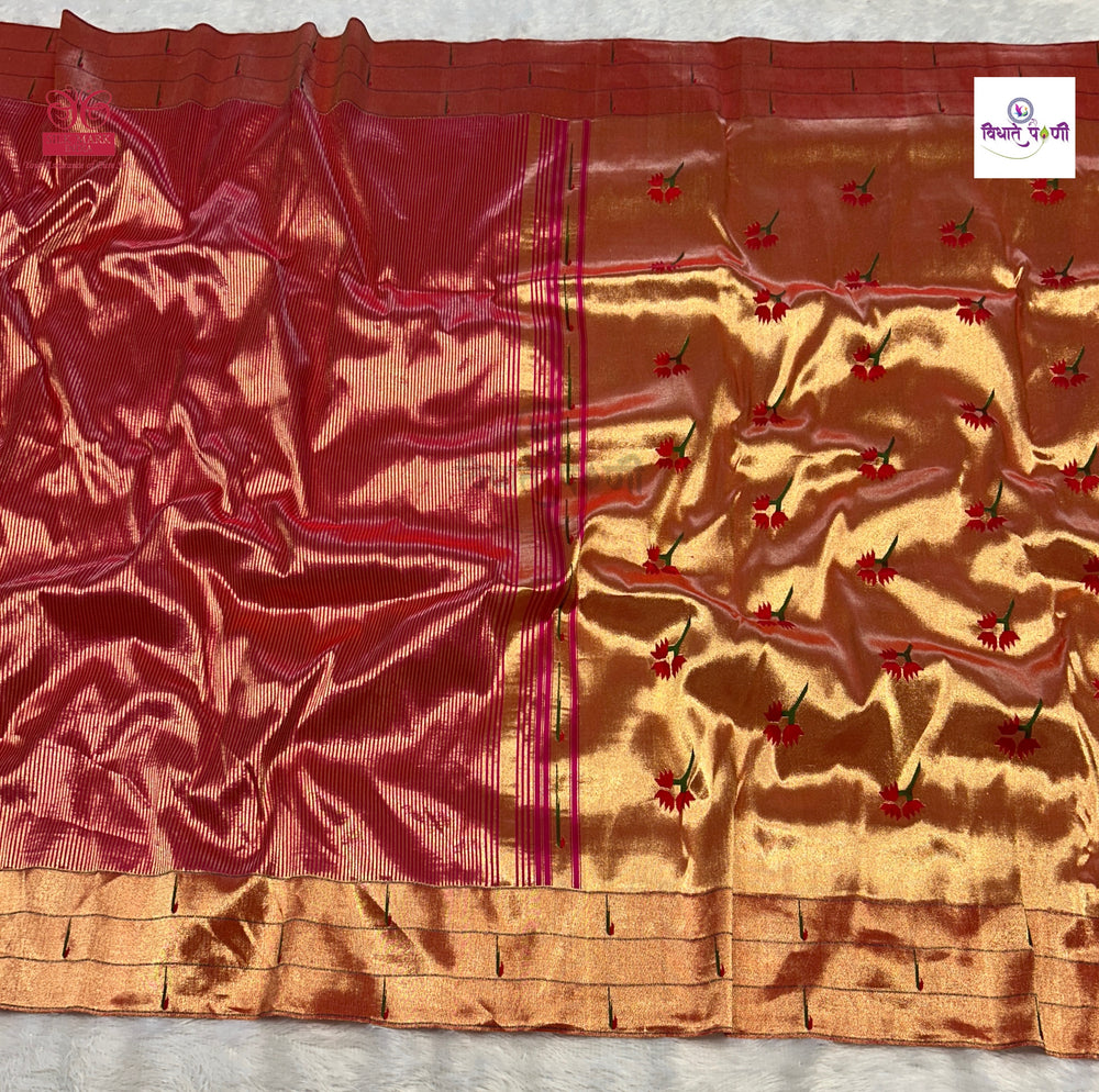 Handloom Pure Silk Triple Munia Border Paithani Saree - Stripes