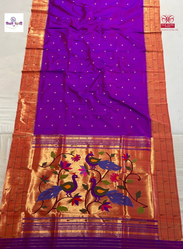 Handloom Pure Silk Triple Munia Border Paithani Saree - Purple