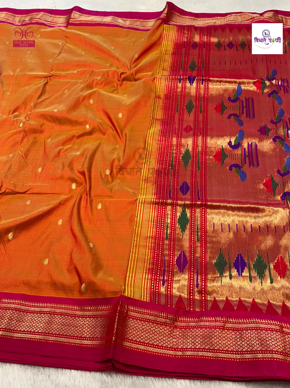 Handloom Pure Silk Double Pallu Paithani Saree - Mango