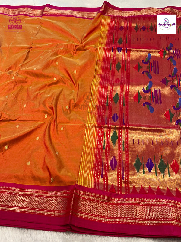 Handloom Pure Silk Double Pallu Paithani Saree - Mango