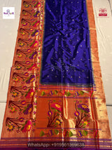 Blue Handloom Pure Silk Half All Over Brocade Paithani Saree — full saree draped and laid flat — Vidhate Paithani, Yeola