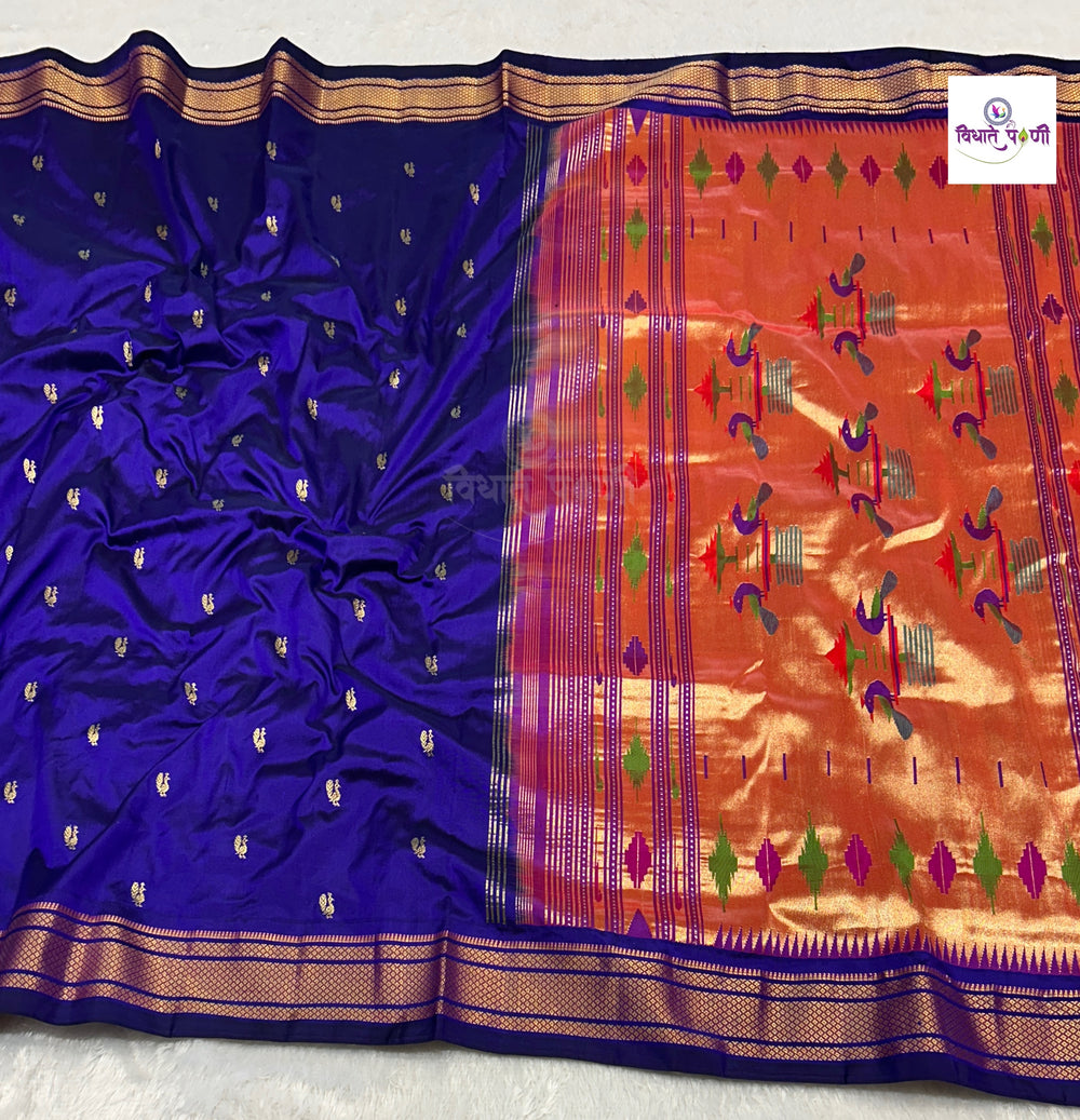 Handloom Pure Silk Double Pallu Paithani Saree - Black By Purple