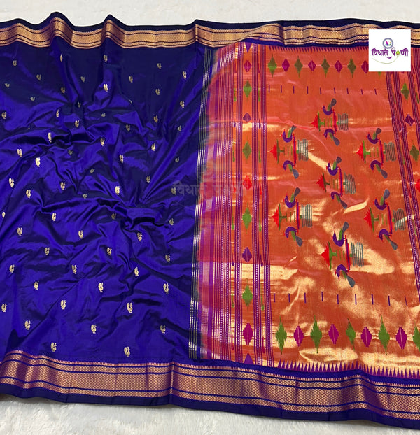 Handloom Pure Silk Double Pallu Paithani Saree - Black By Purple