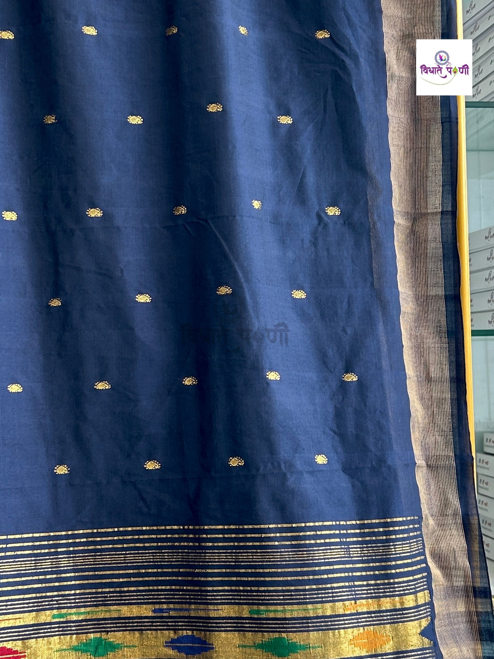 Handloom Pure Cotton Paithani Saree- Double Pallu- Navy Blue