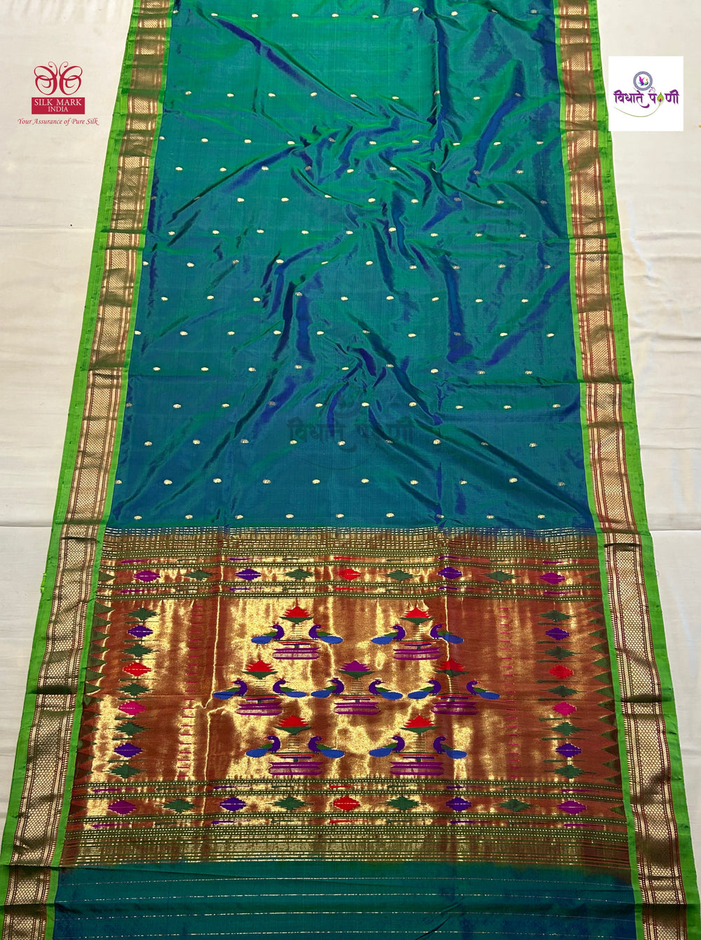 Handloom Pure Silk Double Pallu Paithani Saree - Sea Green
