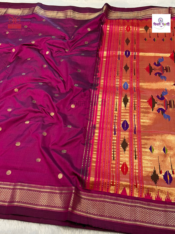 Handloom Pure Silk Double Pallu Paithani Saree - Magenta
