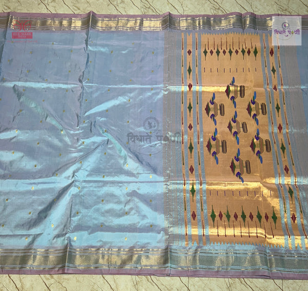 Handloom Pure Silk Double Pallu Paithani Saree - Powder Blue