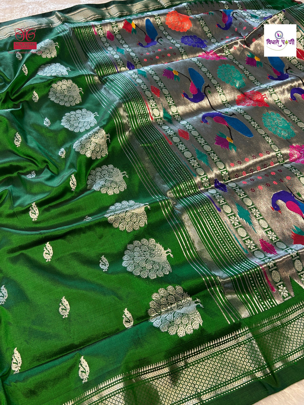Handloom Pure Silk Silver Zari Paithani - Designer Pallu - Green