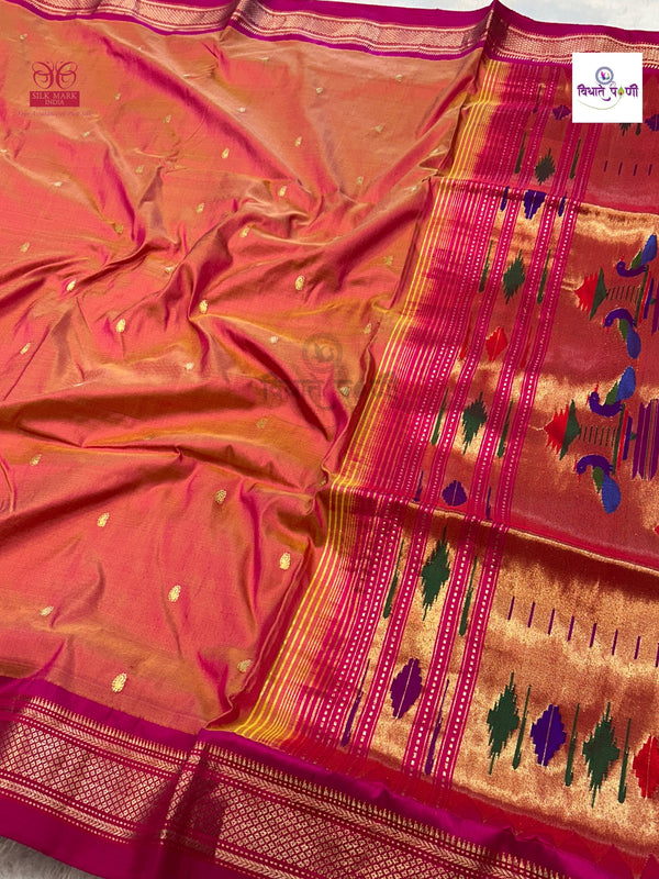 Handloom Pure Silk Double Pallu Paithani Saree - Lemon-Pink Mix
