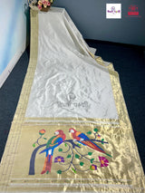 Off White Handloom Pure Silk Triple Munia Border Paithani Saree — full saree draped and laid flat — Vidhate Paithani, Yeola