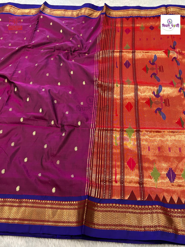 Handloom Pure Silk Double Pallu Paithani Saree - Dark Magenta