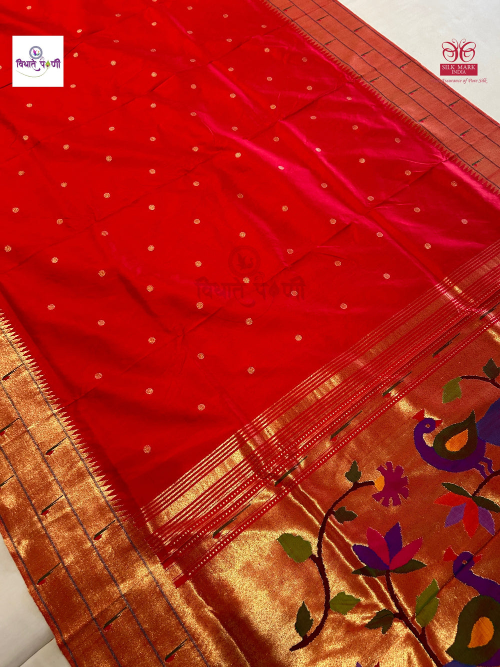 Handloom Pure Silk Triple Munia Border Paithani Saree - Red 2