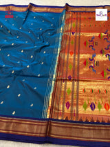 Firozi Handloom Pure Silk Double Pallu Paithani Saree — full saree draped and laid flat — Vidhate Paithani, Yeola