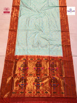 Pista Green Powerloom Pure Silk Triple Munia Paithani Saree Chex — full saree draped and laid flat — Vidhate Paithani, Yeola