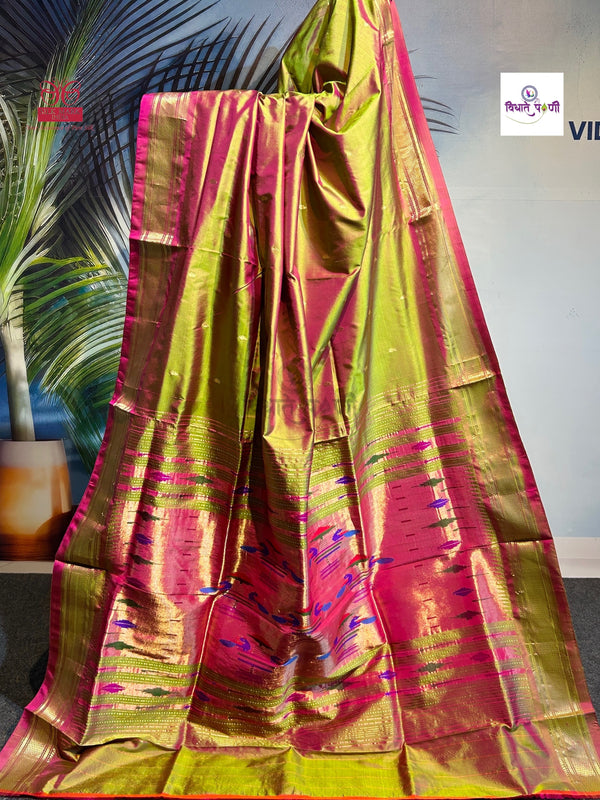 Handloom Pure Silk Double Pallu Paithani Saree - Anjeri