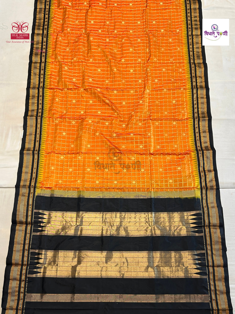 Traditional Irkal Pure Silk Checks Saree- Orange