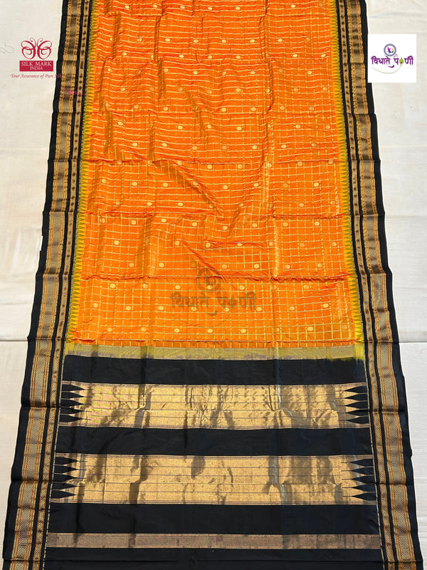 Traditional Irkal Pure Silk Checks Saree- Orange