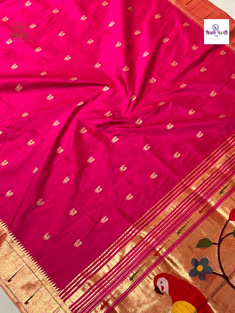 Handloom Pure Silk Single Munia Paithani Saree - Rani Pink