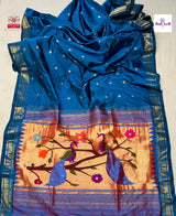 Sulphate Blue Handloom Pure Silk Chandrakor Butta Paithani Saree — full saree draped and laid flat — Vidhate Paithani, Yeola