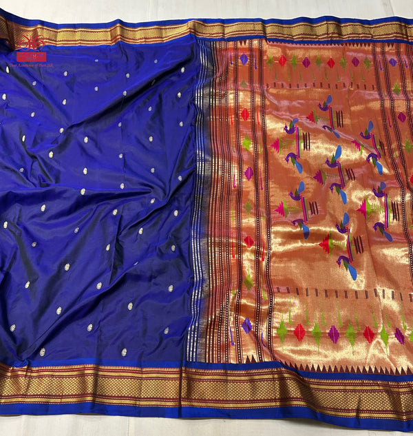 Handloom Pure Silk Double Pallu Paithani Saree - Navy