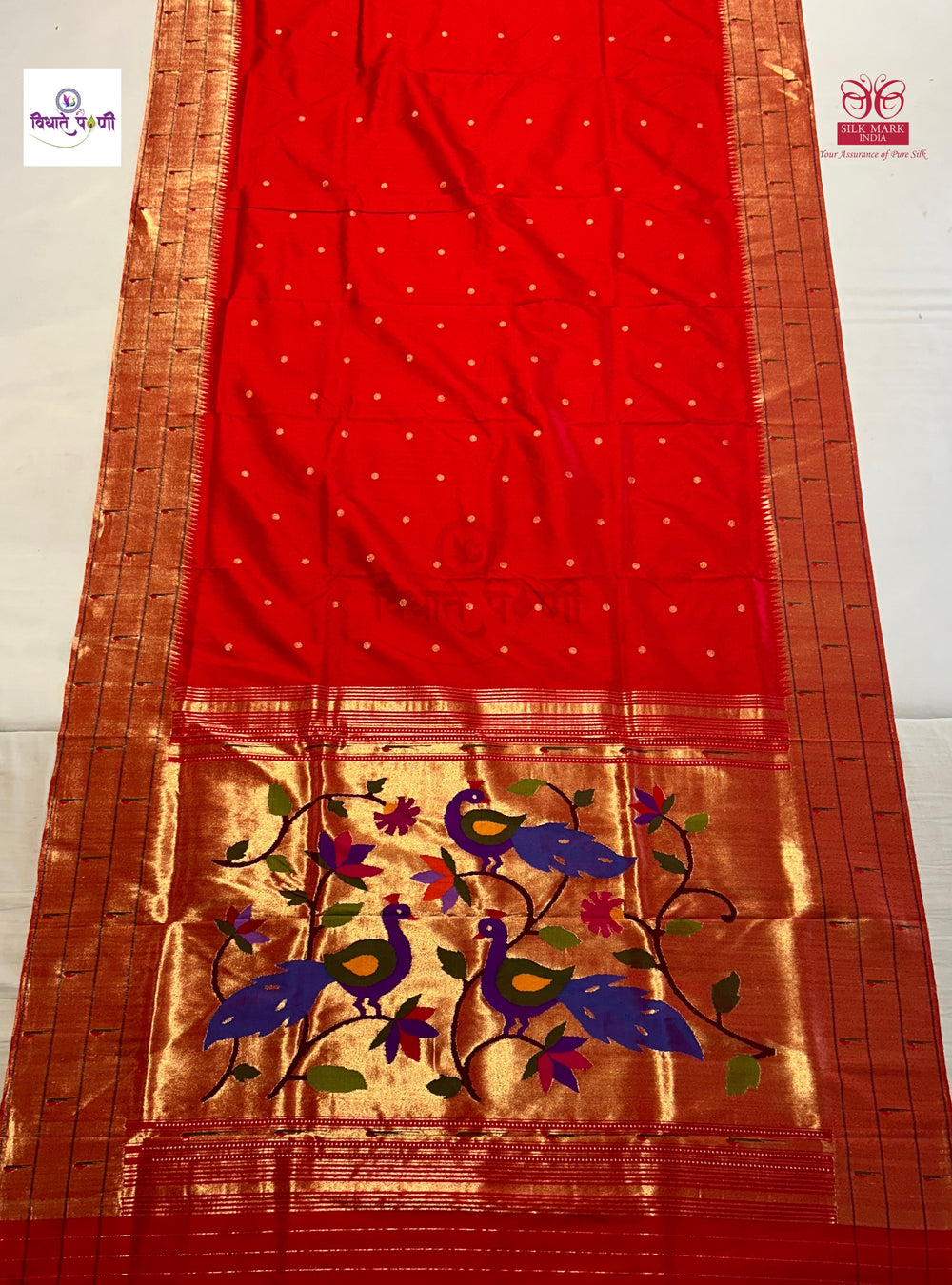 Handloom Pure Silk Triple Munia Border Paithani Saree - Red 2