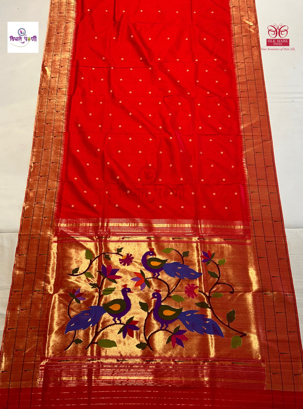 Handloom Pure Silk Triple Munia Border Paithani Saree - Red 2