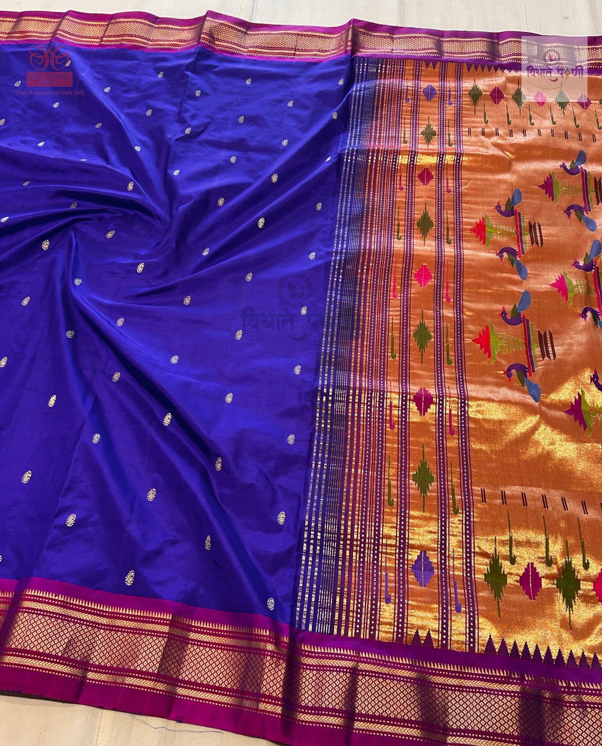 Handloom Pure Silk Double Pallu Paithani Saree – Purple — full saree draped and laid flat — Vidhate Paithani, Yeola