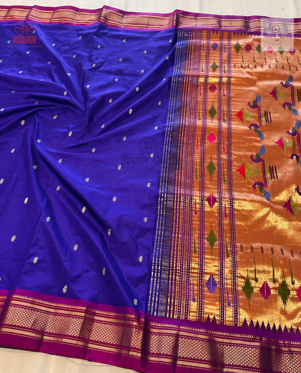 Handloom Pure Silk Double Pallu Paithani Saree - Purple