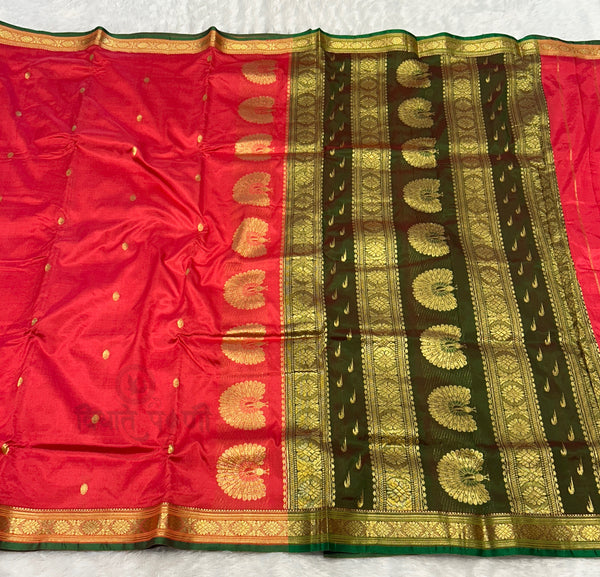 Jijamata Single Ply Pure Silk Saree - Carrot