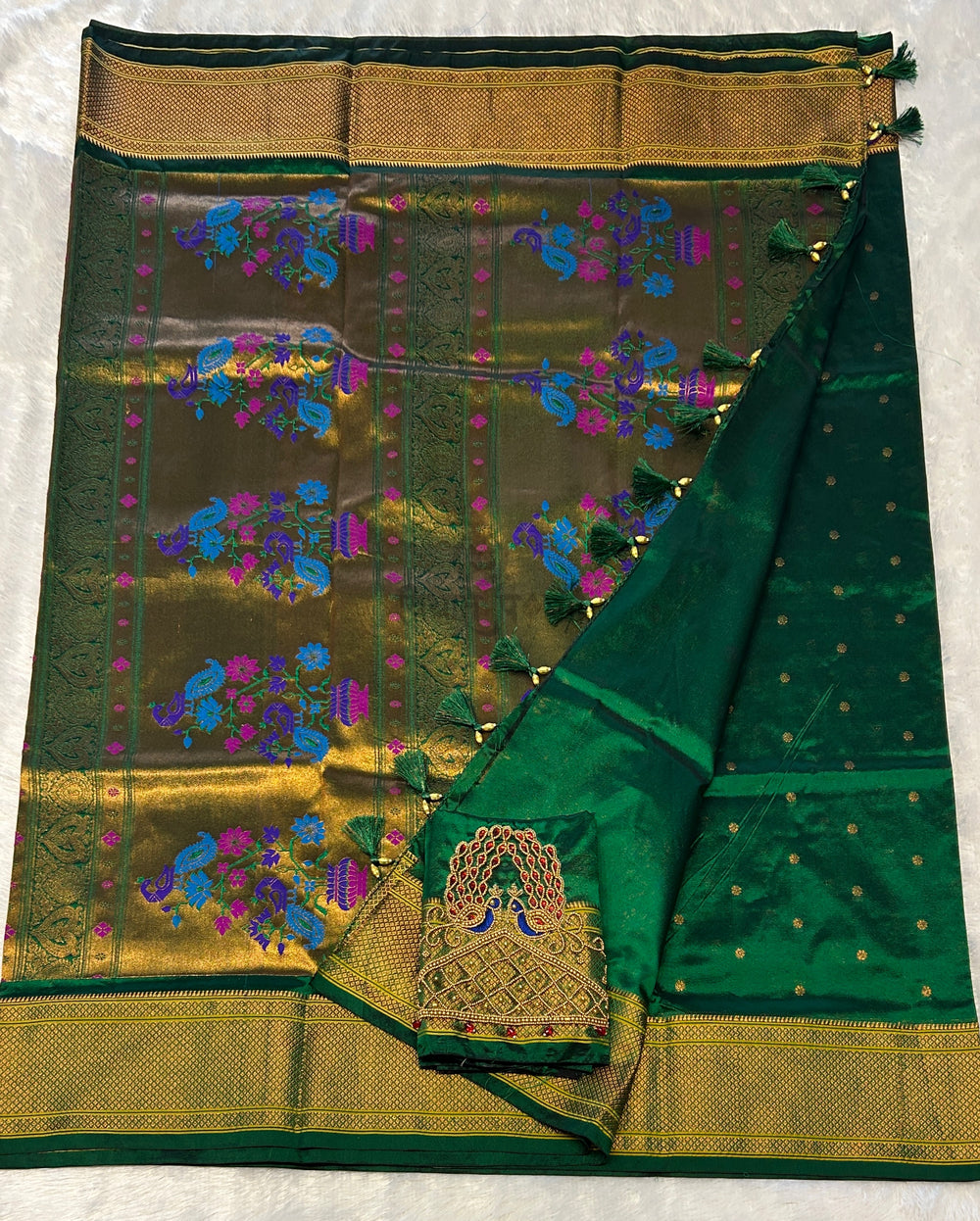 Kalanjali Semi Paithani Saree - Designer Work Blouse - Bottle Green